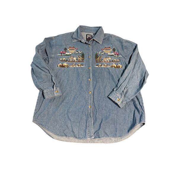 Quizz Shirt Women Size 22 Vintage Noah's Ark Scene‎ Button Up Cotton Embroidery - Picture 1 of 7